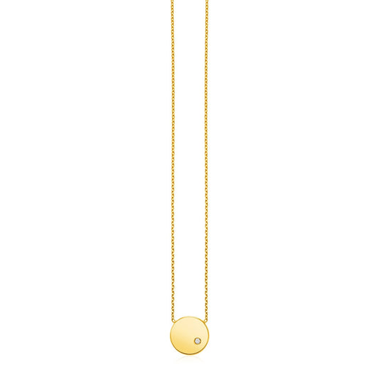 Size: 18'' - 14k Yellow Gold Necklace with Polished Round Pendant with Diamond