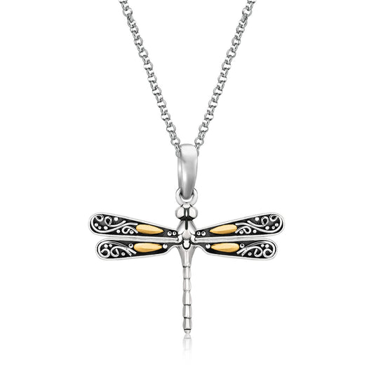 Size: 18 - 18k Yellow Gold and Sterling Silver Pendant in a Dragonfly Design