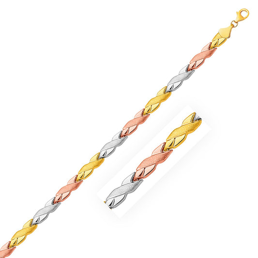 Size: 7.25'' - 14k Tri-Color Gold Shiny and Textured X Link Bracelet