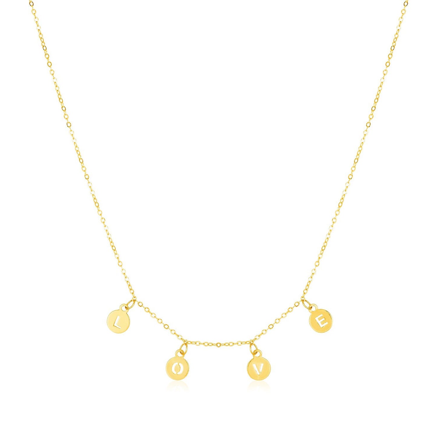 Size: 18'' - 14k Yellow Gold Love Necklace with Circle Drops