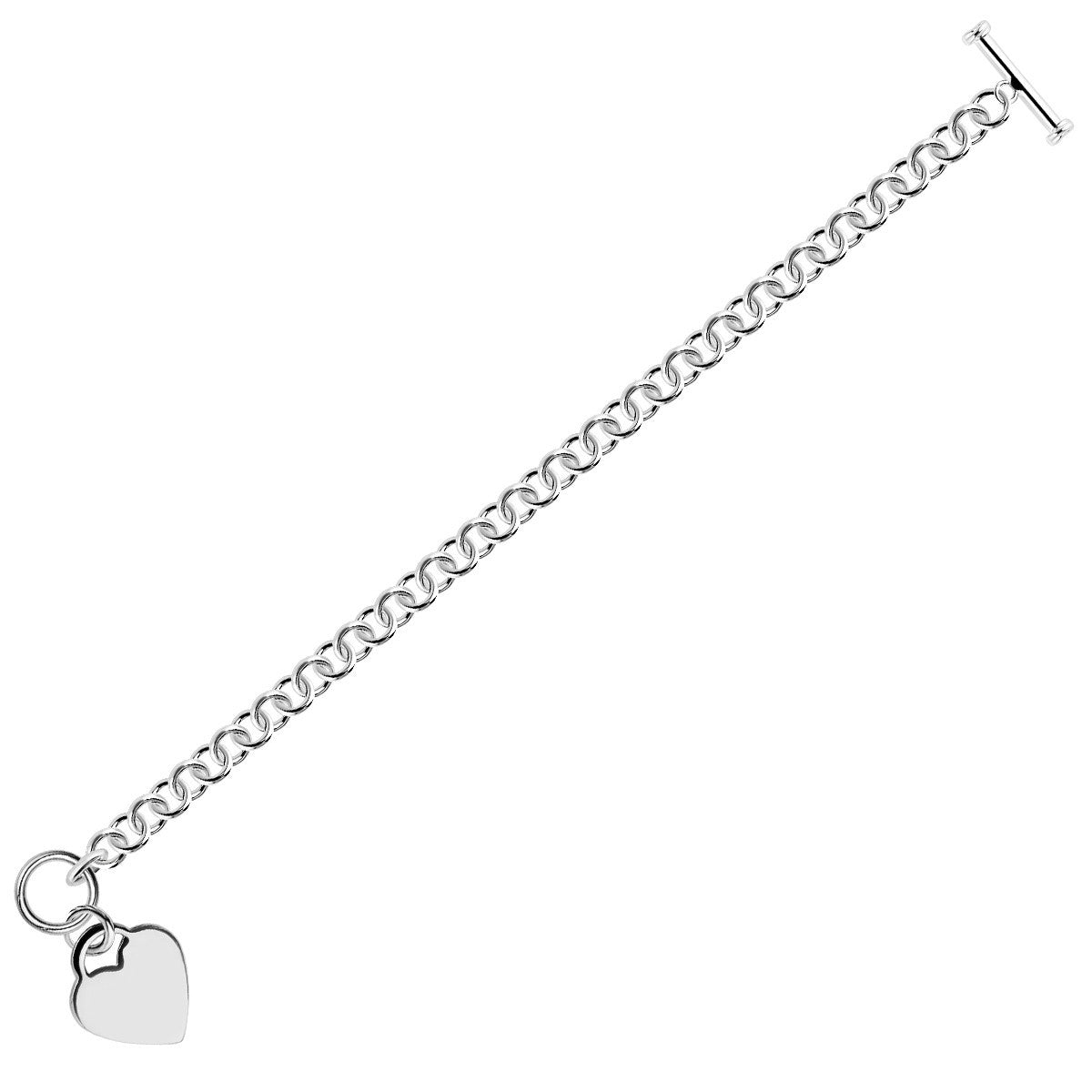 Size: 8'' - Sterling Silver Rhodium Plated Rolo Chain Bracelet with a Heart Charm (12.70 mm)