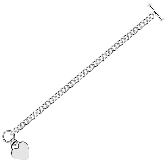 Size: 8'' - Sterling Silver Rhodium Plated Rolo Chain Bracelet with a Heart Charm (12.70 mm)