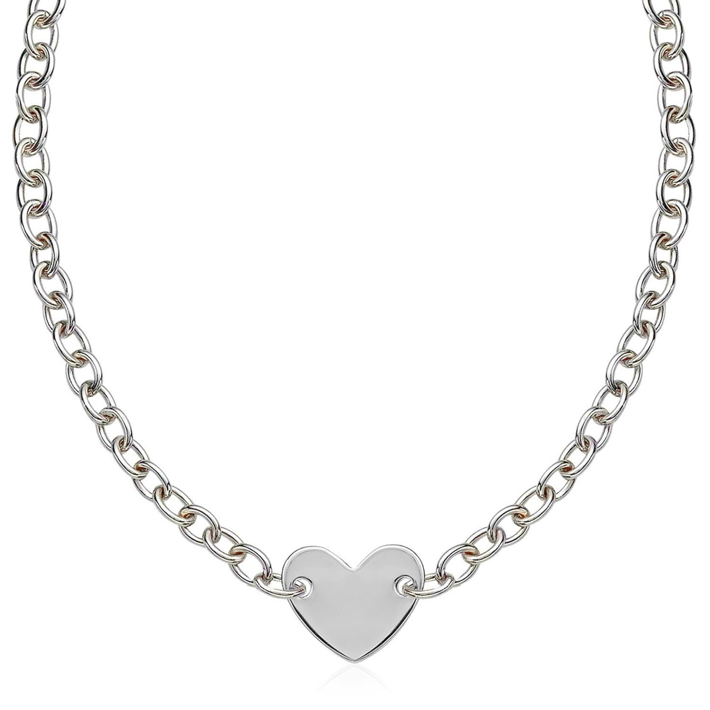 Size: 18'' - Sterling Silver Rhodium Plated Chain Bracelet with a Flat Heart Motif Station