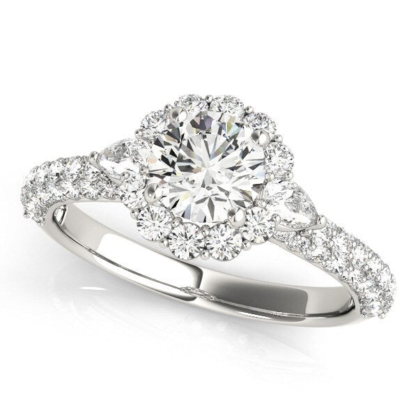 Size: 3.5 - 14k White Gold Halo Round Diamond Engagement Pave Band Ring (2 cttw)