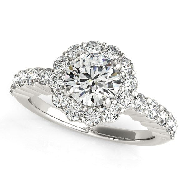 Size: 3.5 - 14k White Gold Round Floral Motif Diamond Engagement Ring (1 5/8 cttw)