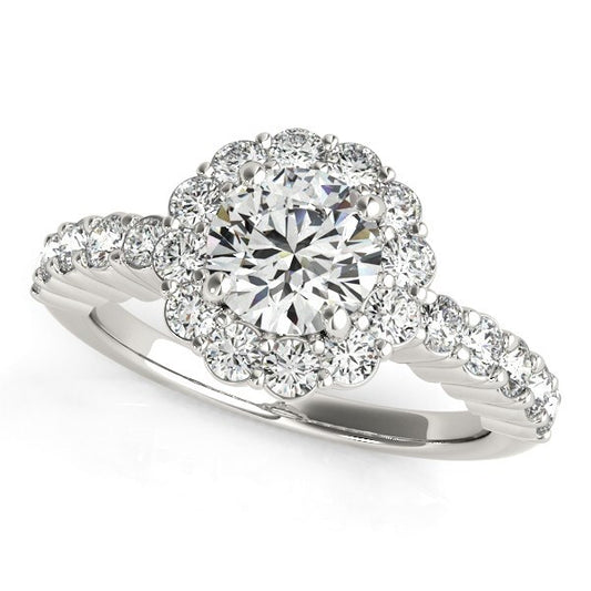 Size: 3 - 14k White Gold Round Floral Motif Diamond Engagement Ring (1 5/8 cttw)