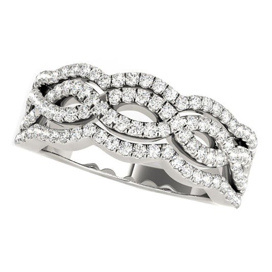 Size: 3.5 - Diamond Studded Ring with Four Curves in 14k White Gold (5/8 cttw)