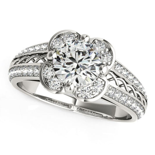 Size: 3.5 - Round Diamond Floral Motif Engagement Ring in 14k White Gold (1 3/8 cttw)