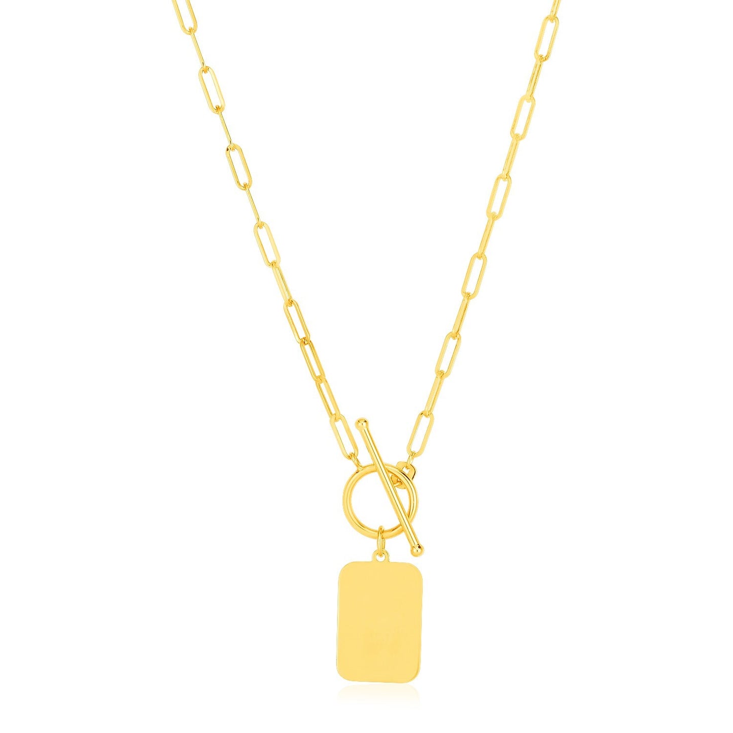 Size: 18'' - 14k Yellow Gold Paperclip Chain Necklace with Rounded Rectangle Pendant