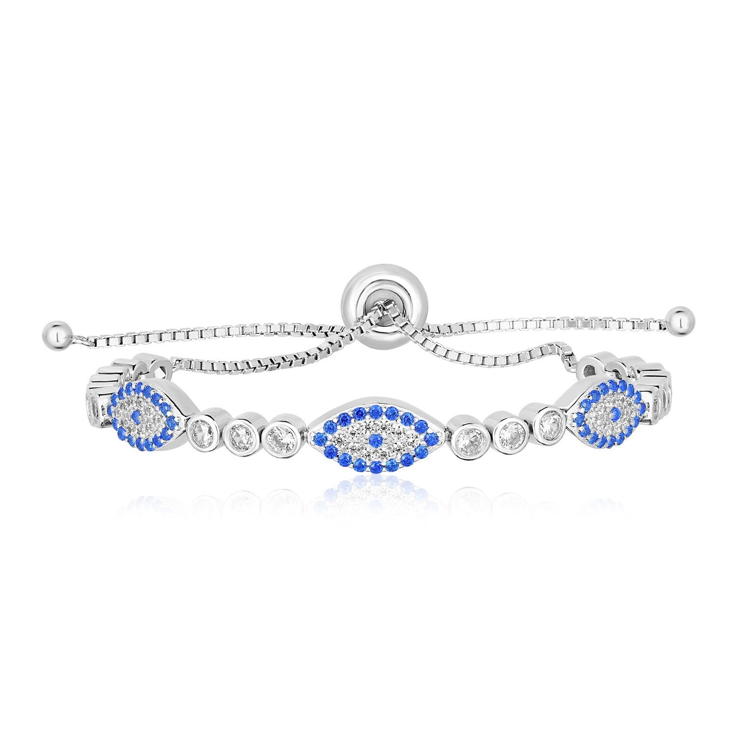 Size: 9.25'' - Sterling Silver Adjustable Enameled Evil Eye Bracelet with Cubic Zirconias