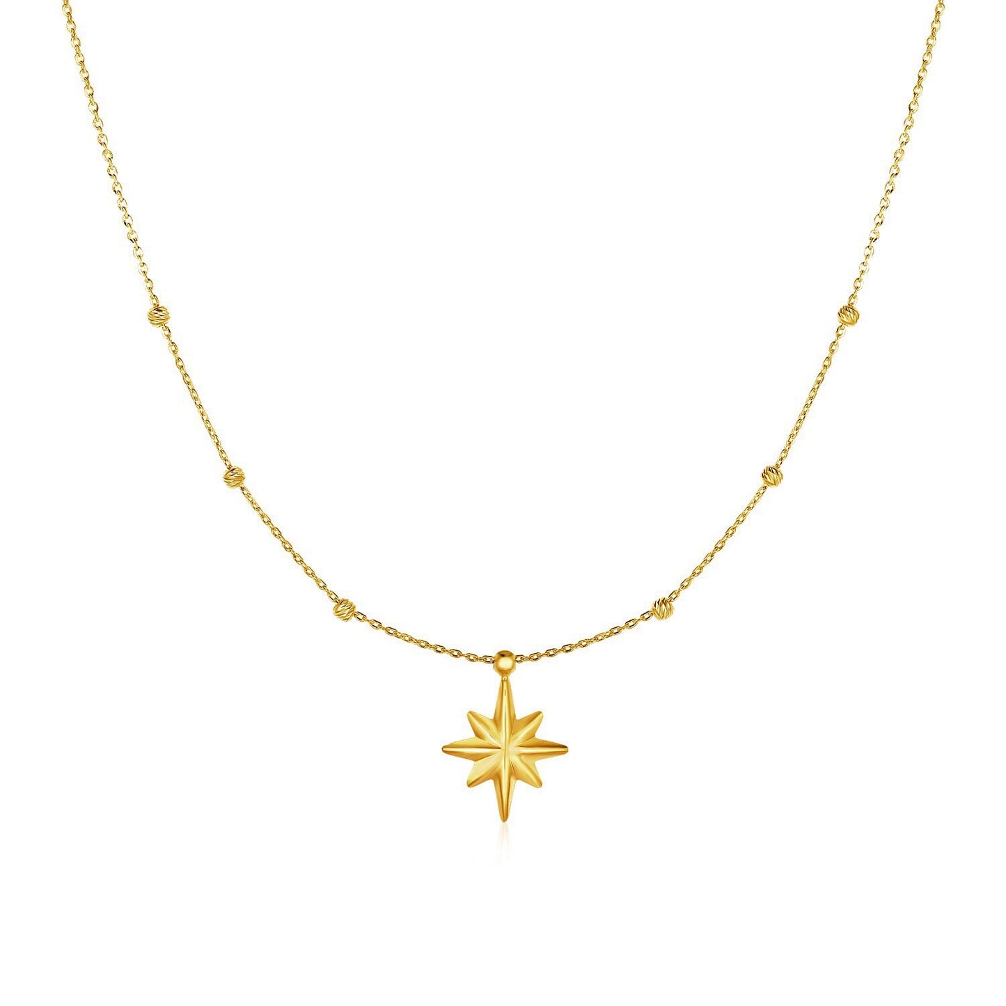 Size: 18'' - 14k Yellow Gold Necklace with Eight Pointed Star and Beads