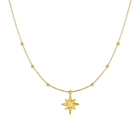 Size: 18'' - 14k Yellow Gold Necklace with Eight Pointed Star and Beads