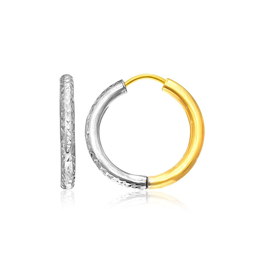 14k Two Tone Gold Hoop Earrings with Textured Style(2.5x15mm)