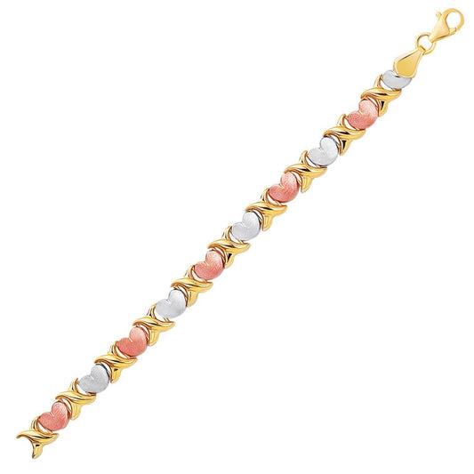 Size: 7.25'' - 14k Tri-Color Gold Fancy Satin Heart Line Bracelet