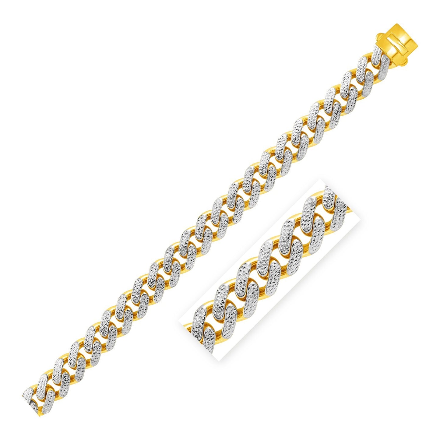 Size: 8.5'' - 14k Two Tone Gold 8 1/2 inch Wide Curb Chain Bracelet with White Pave