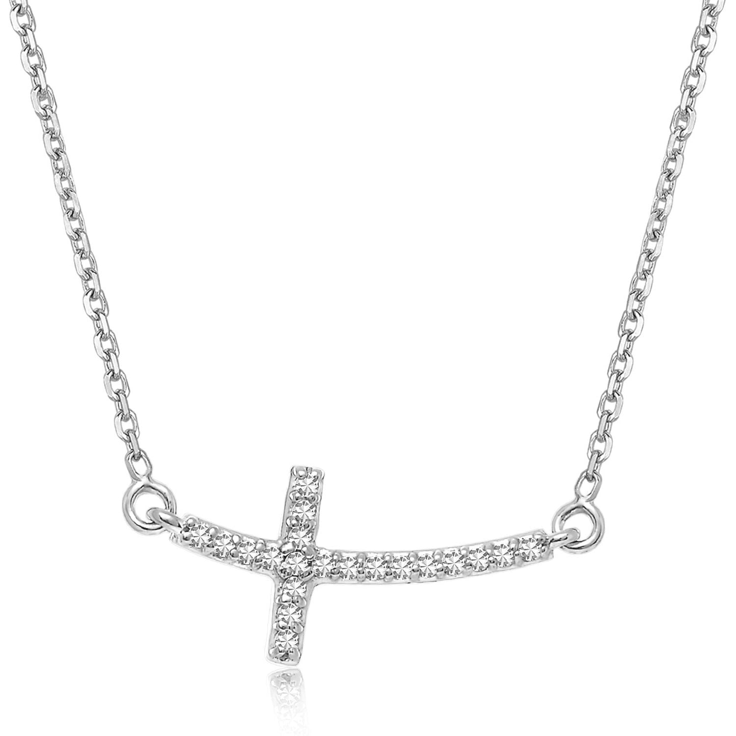 Size: 18'' - 14k White Gold Curved Cross Diamond Studded Necklace (.11cttw)