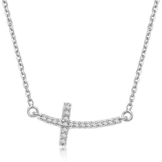 Size: 18'' - 14k White Gold Curved Cross Diamond Studded Necklace (.11cttw)