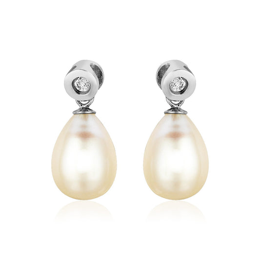 Sterling Silver Earrings with Pear Shaped Freshwater Pearls and Cubic Zirconias