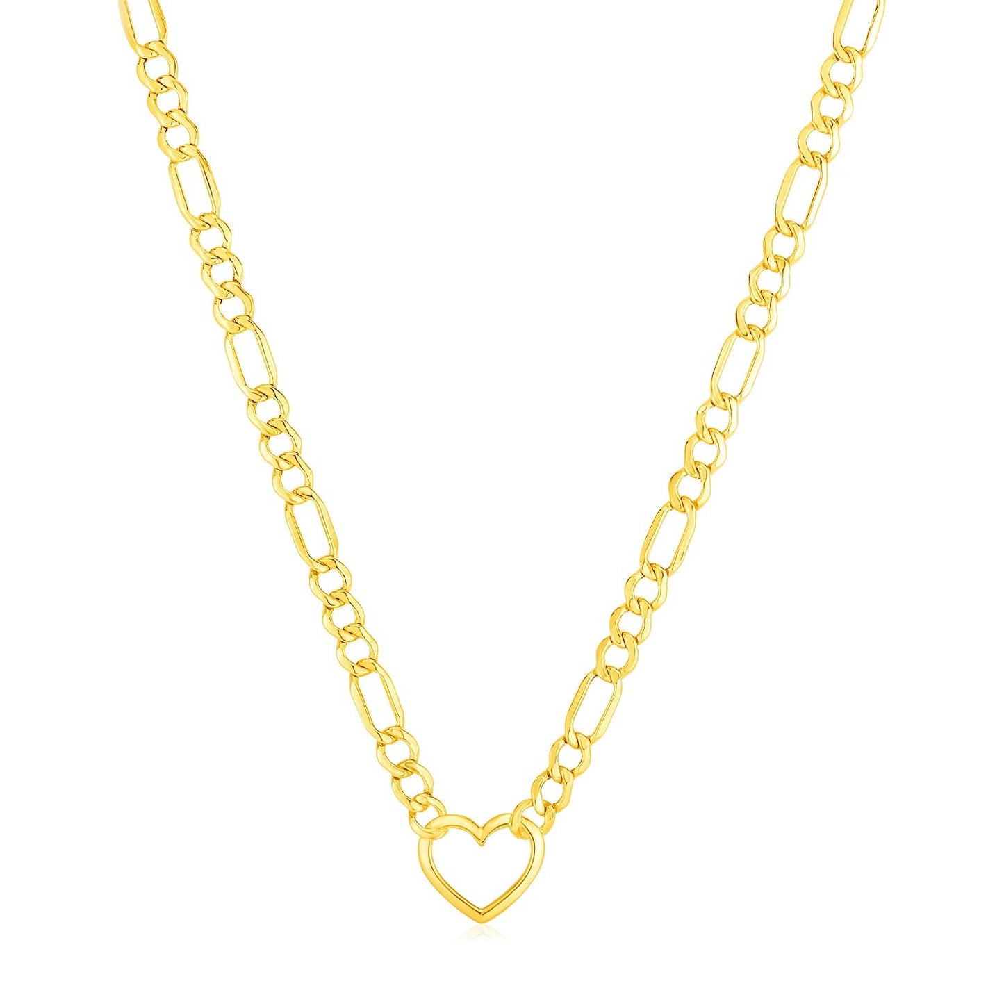 Size: 18'' - 14k Yellow Gold Figaro Chain Necklace with Heart