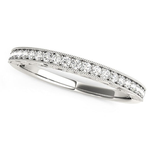 Size: 3 - 14k White Gold Milgrain Bordered Round Diamond Wedding Band (1/6 cttw)