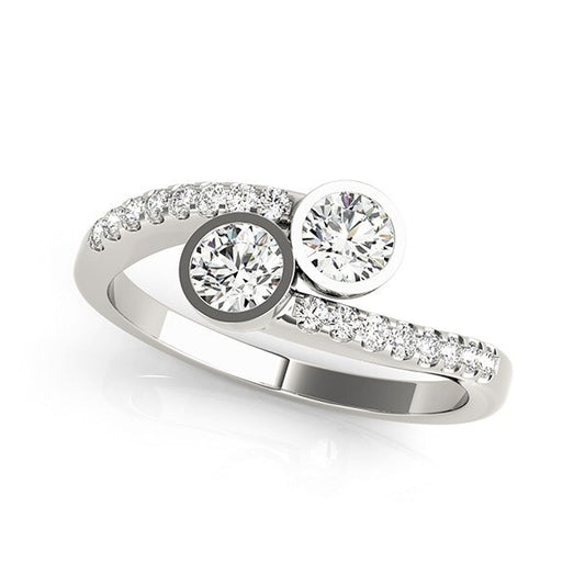 Size: 8.5 - 14k White Gold Round Bezel Setting Two Stone Diamond Ring (5/8 cttw)