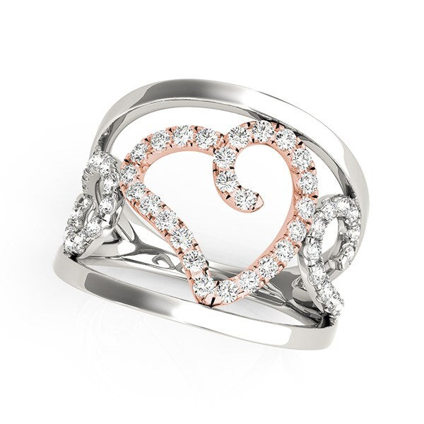 Size: 3.5 - Heart Motif Filigree Style Diamond Ring in 14k White And Rose Gold (1/4 cttw)