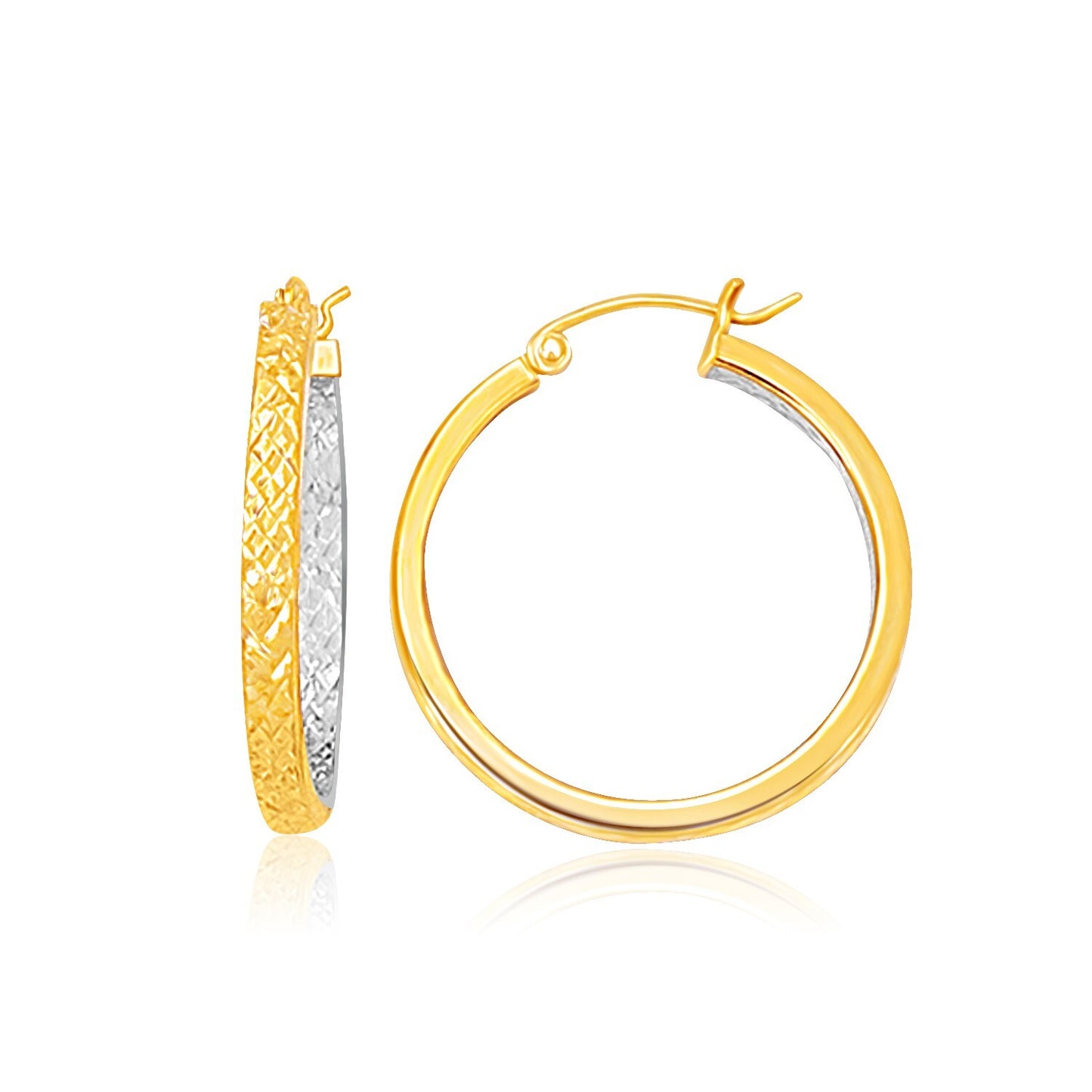 Two Tone Yellow and White Gold Medium Patterned Hoop Earrings(3x30mm)