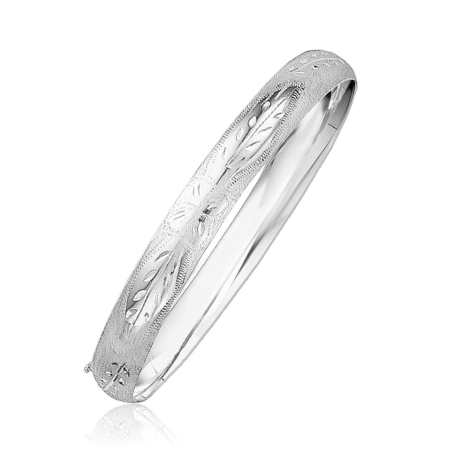 Size: 8'' - Classic Floral Carved Bangle in 14k White Gold (8.0mm)