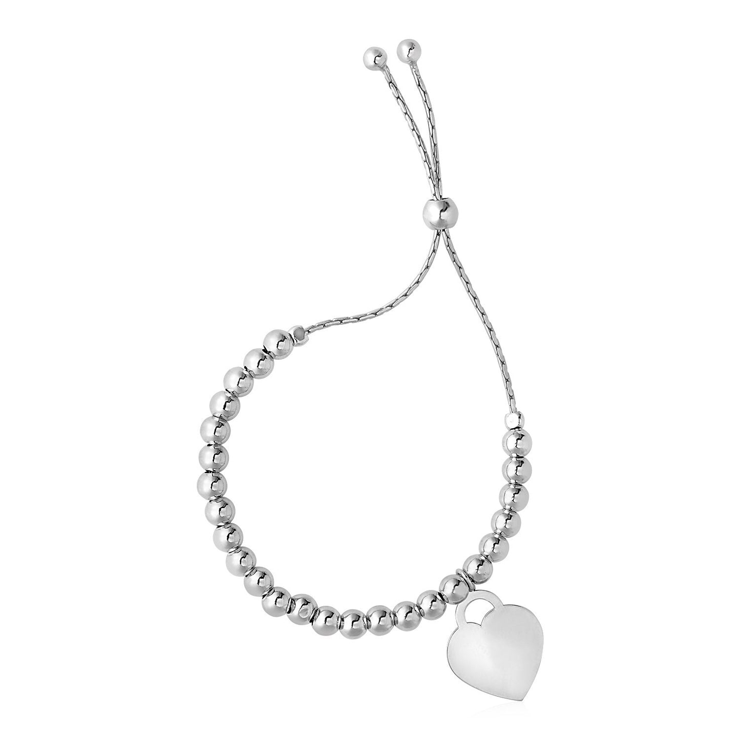 Size: 9.25'' - Adjustable Shiny Bead Bracelet with Heart Charm in Sterling Silver