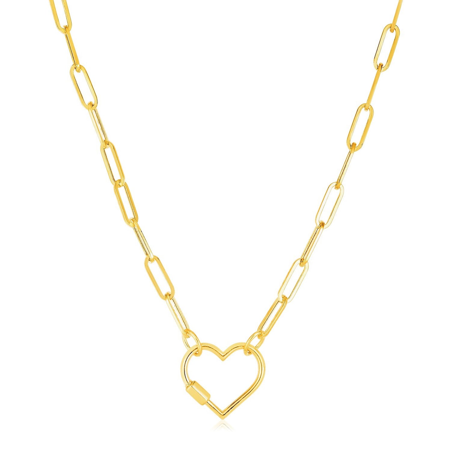 Size: 18'' - 14k Yellow Gold Paperclip Chain Necklace with Heart Carabiner Clasp