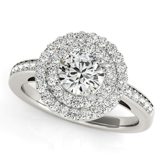 Size: 4 - 14k White Gold Round with Two-Row Halo Diamond Engagement Ring (1 1/2 cttw)