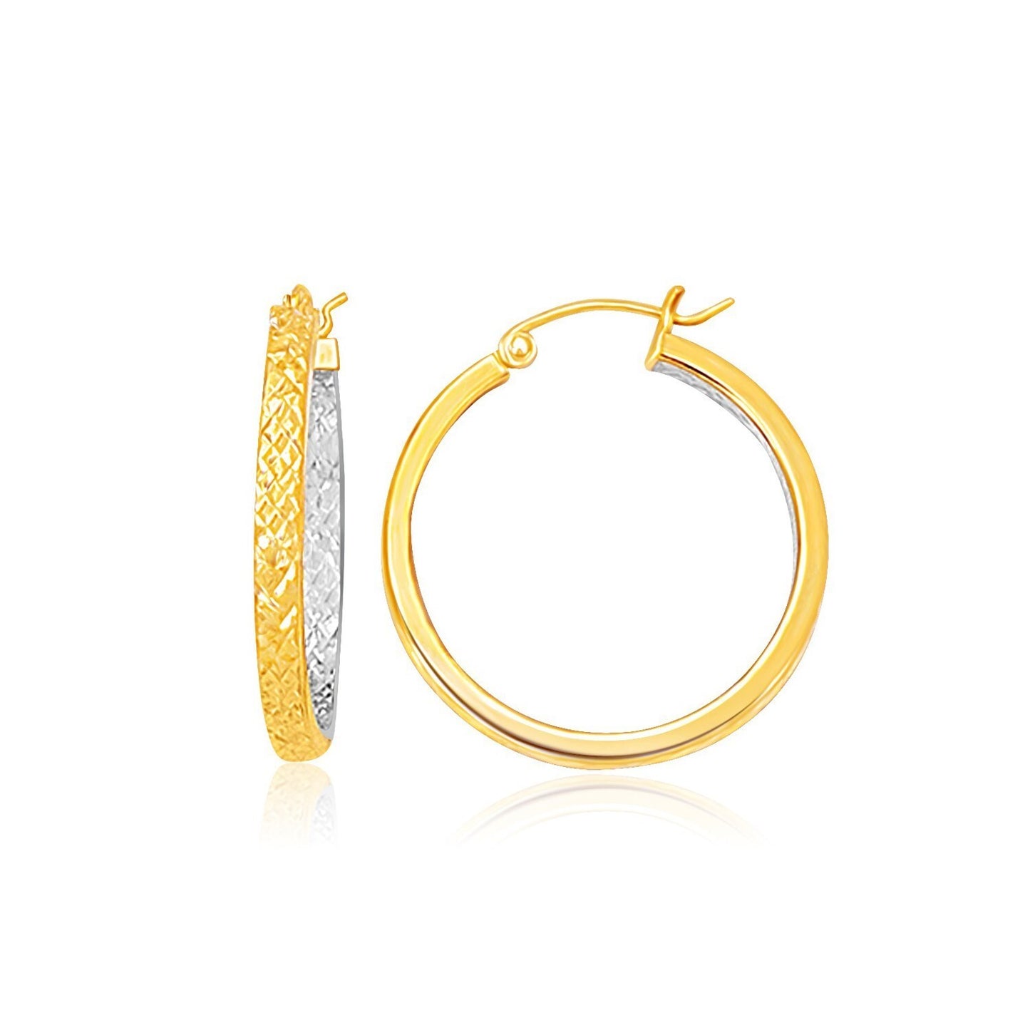 Two Tone Yellow and White Gold Petite Patterned Hoop Earrings(3x25mm)