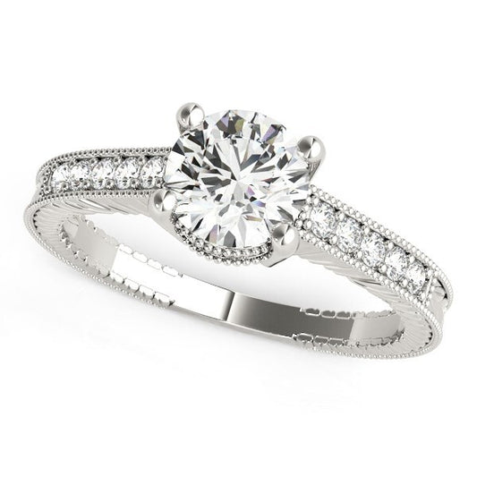 Size: 8.5 - 14k White Gold Round Antique Style Diamond Engagement Ring (1 1/8 cttw)