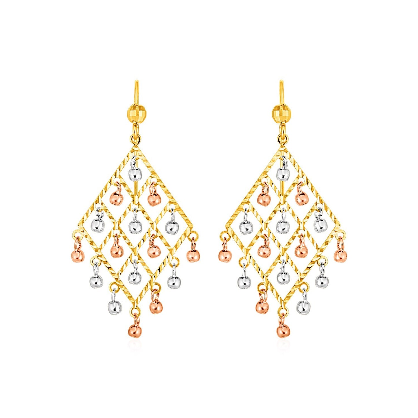 Textured Chandelier Earrings with Ball Drops in 14k Tri Color Gold