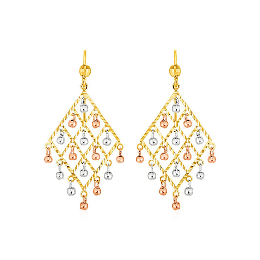 Textured Chandelier Earrings with Ball Drops in 14k Tri Color Gold