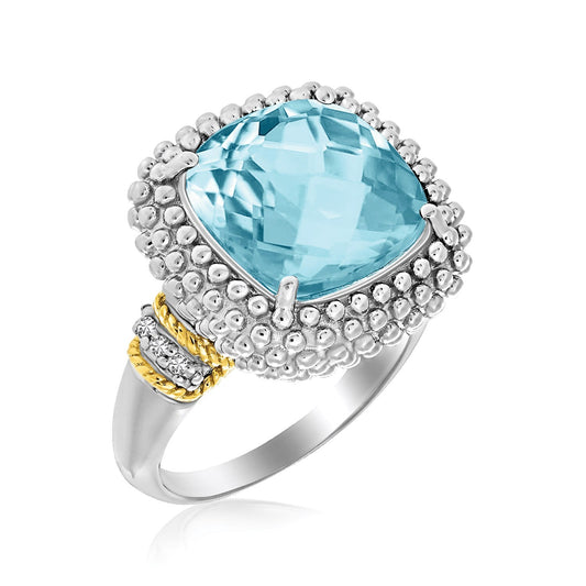 Size: 8 - 18k Yellow Gold & Sterling Silver Sky Blue Topaz and Diamond Popcorn Ring