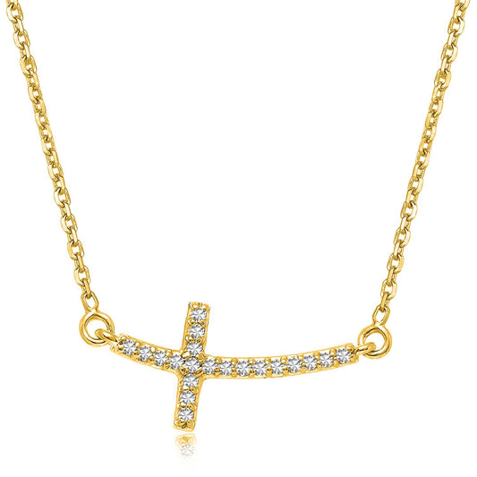 Size: 18'' - 14k Yellow Gold Diamond Accented Curved Cross Necklace (.11cttw)