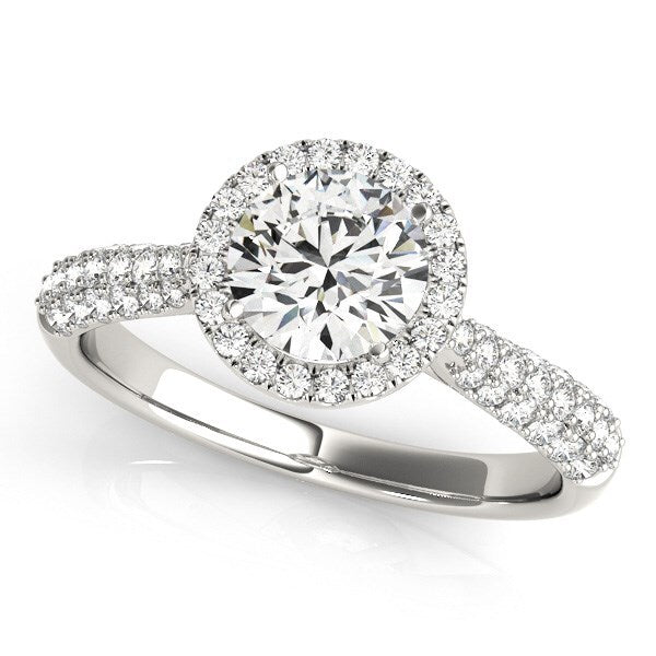 Size: 3 - 14k White Gold Halo Diamond Engagement Ring with Pave Band (1 1/3 cttw)