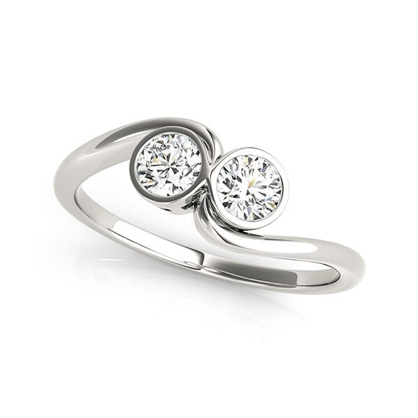 Size: 3 - 14k White Gold Bezel Set Curved Band Two Stone Diamond Ring (1/2 cttw)