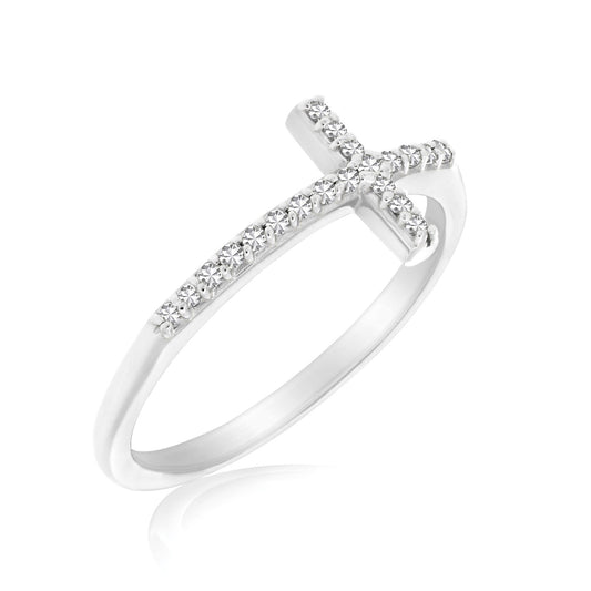 Size: 7 - 14k White Gold Cross Motif Ring with Diamond Accents (.11cttw)