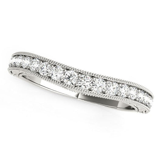 Size: 8.5 - 14k White Gold Bead Border Curved Diamond Wedding Ring (1/4 cttw)