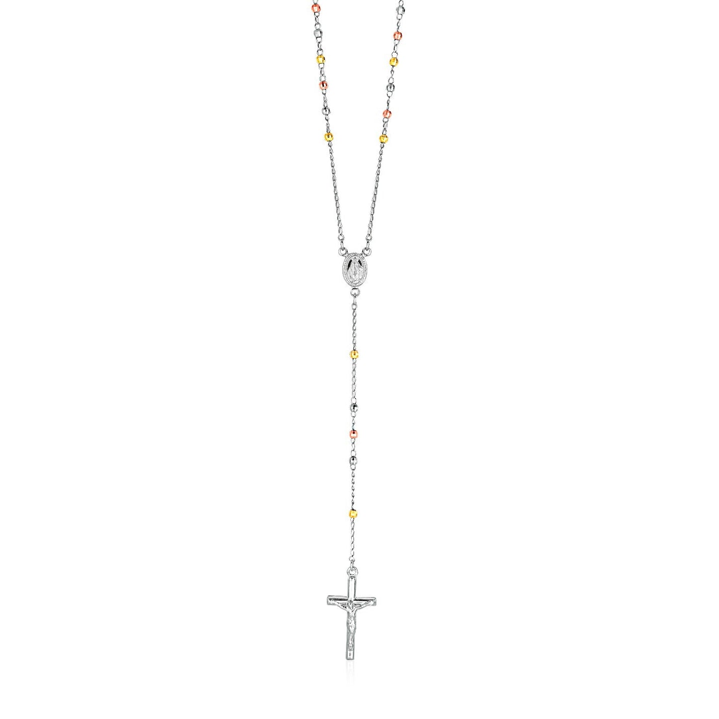 Size: 26'' - Three Toned Rosary Chain and Bead Necklace in Sterling Silver