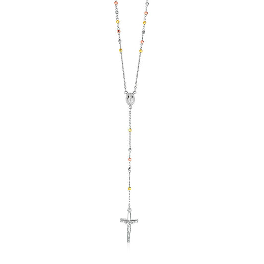 Size: 26'' - Three Toned Rosary Chain and Bead Necklace in Sterling Silver