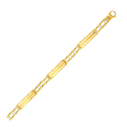 Size: 8.25'' - 14k Two-Tone Gold Fancy Bar Style Men's Bracelet with Curved Connectors