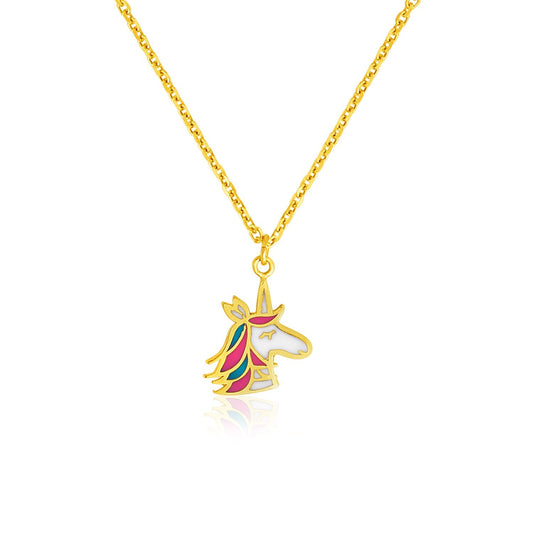 Size: 14'' - 14k Yellow Gold Childrens Necklace with Enameled Unicorn Pendant