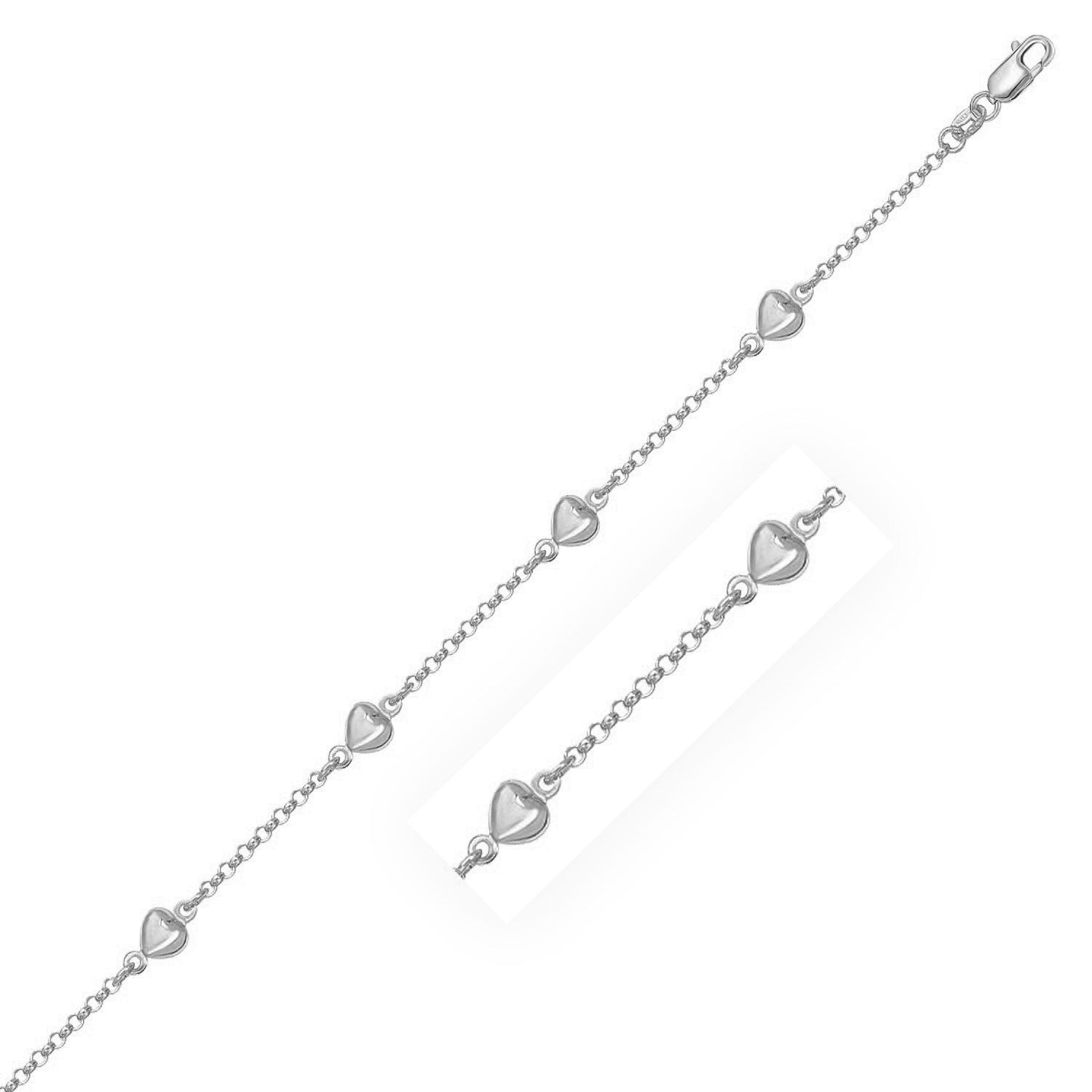 Size: 7'' - 14k White Gold Rolo Chain Bracelet with Puffed Heart Stations