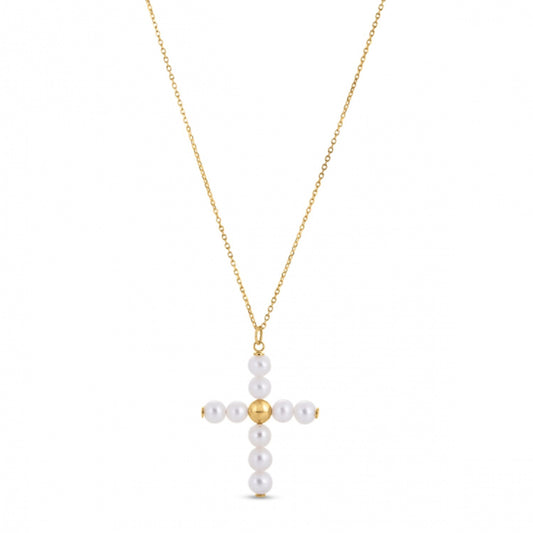 Size: 18 - 14k Yellow Gold Pearl Cross Pendant