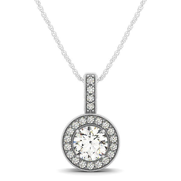 Size: 18'' - Milgrain Edge Diamond Halo Pendant in 14k White Gold (5/8 cttw)