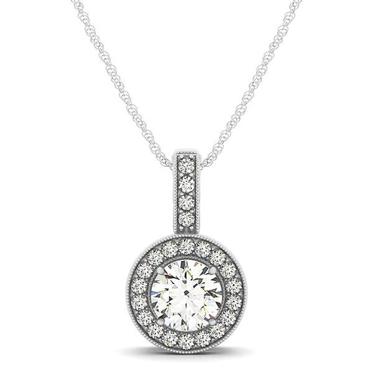 Size: 18'' - Milgrain Edge Diamond Halo Pendant in 14k White Gold (5/8 cttw)