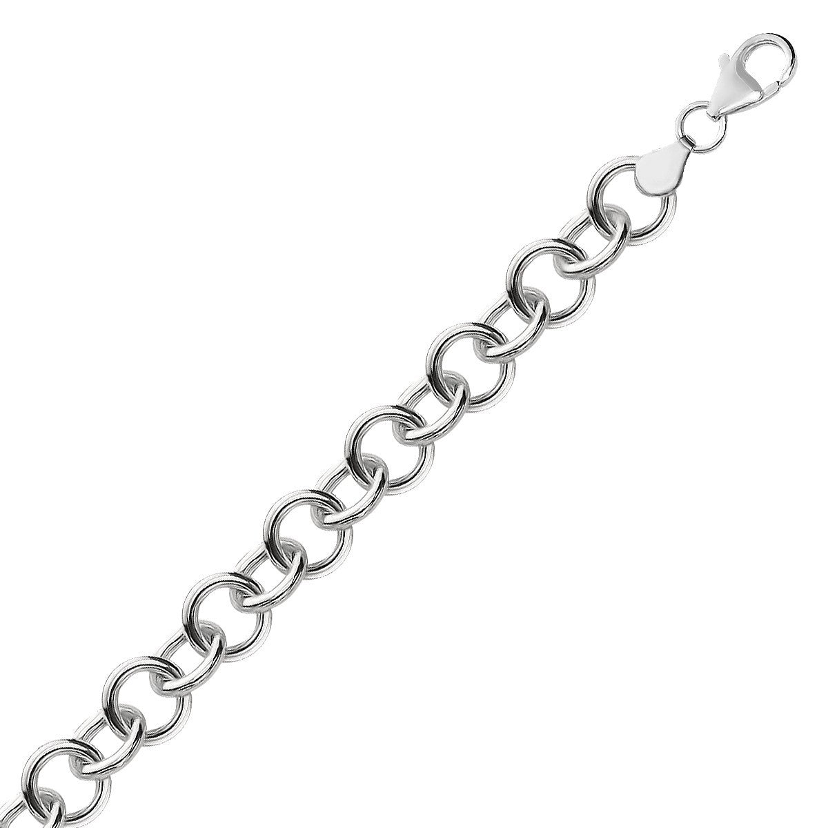 Size: 8'' - Sterling Silver Rolo Style Polished Charm Bracelet with Rhodium Plating